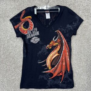Harley-Davidson T-Shirt Women Large Black US 129 Dragon Rhinestone V-Neck 2013